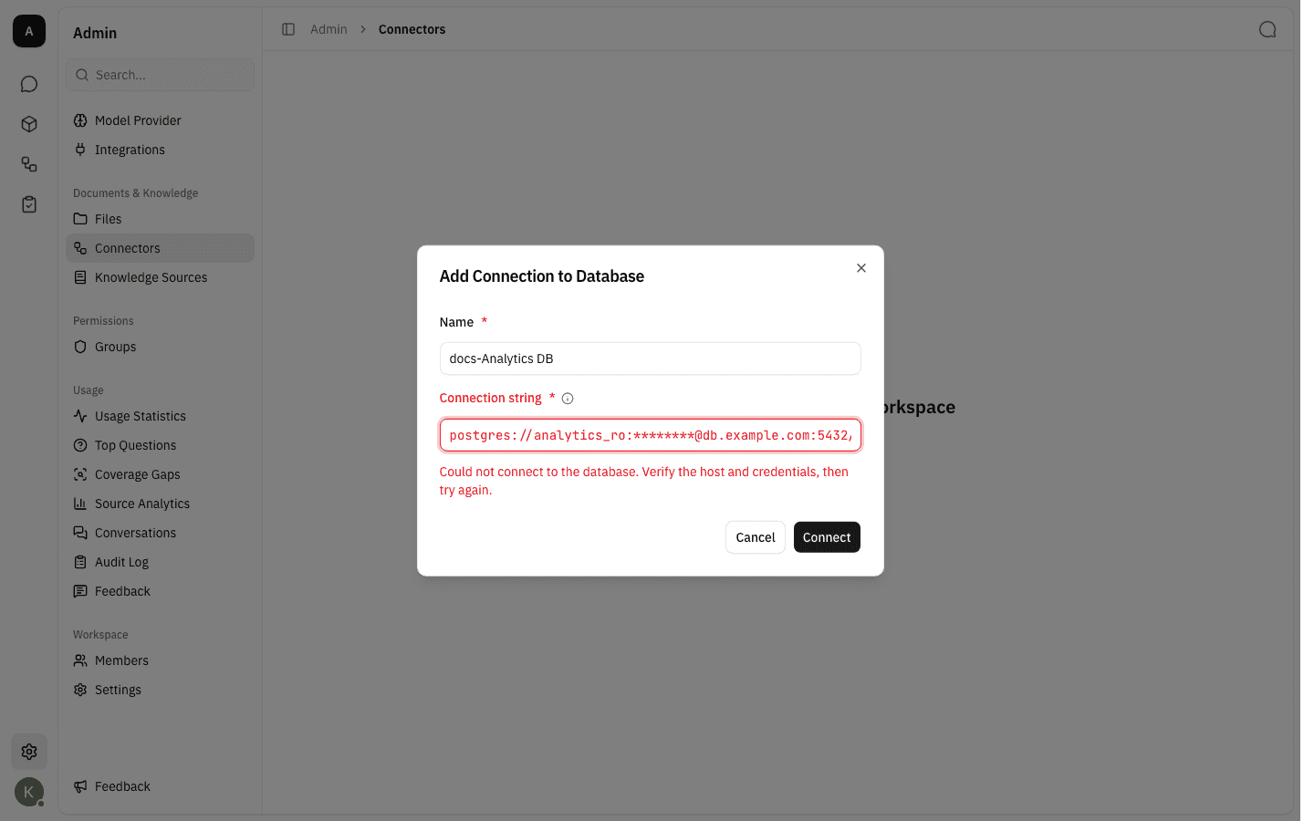 Dialog showing the error "Could not connect to the database. Verify the host and credentials, then try again."