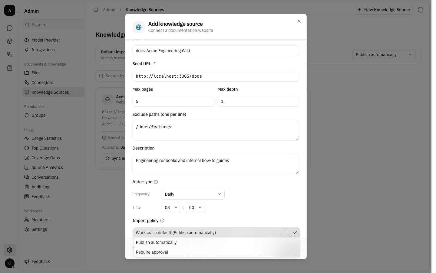 The import policy options: workspace default, publish automatically, require approval