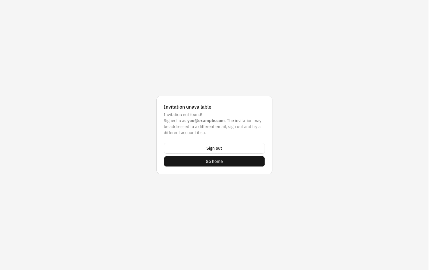 The "Invitation unavailable" card reading "Invitation not found!"