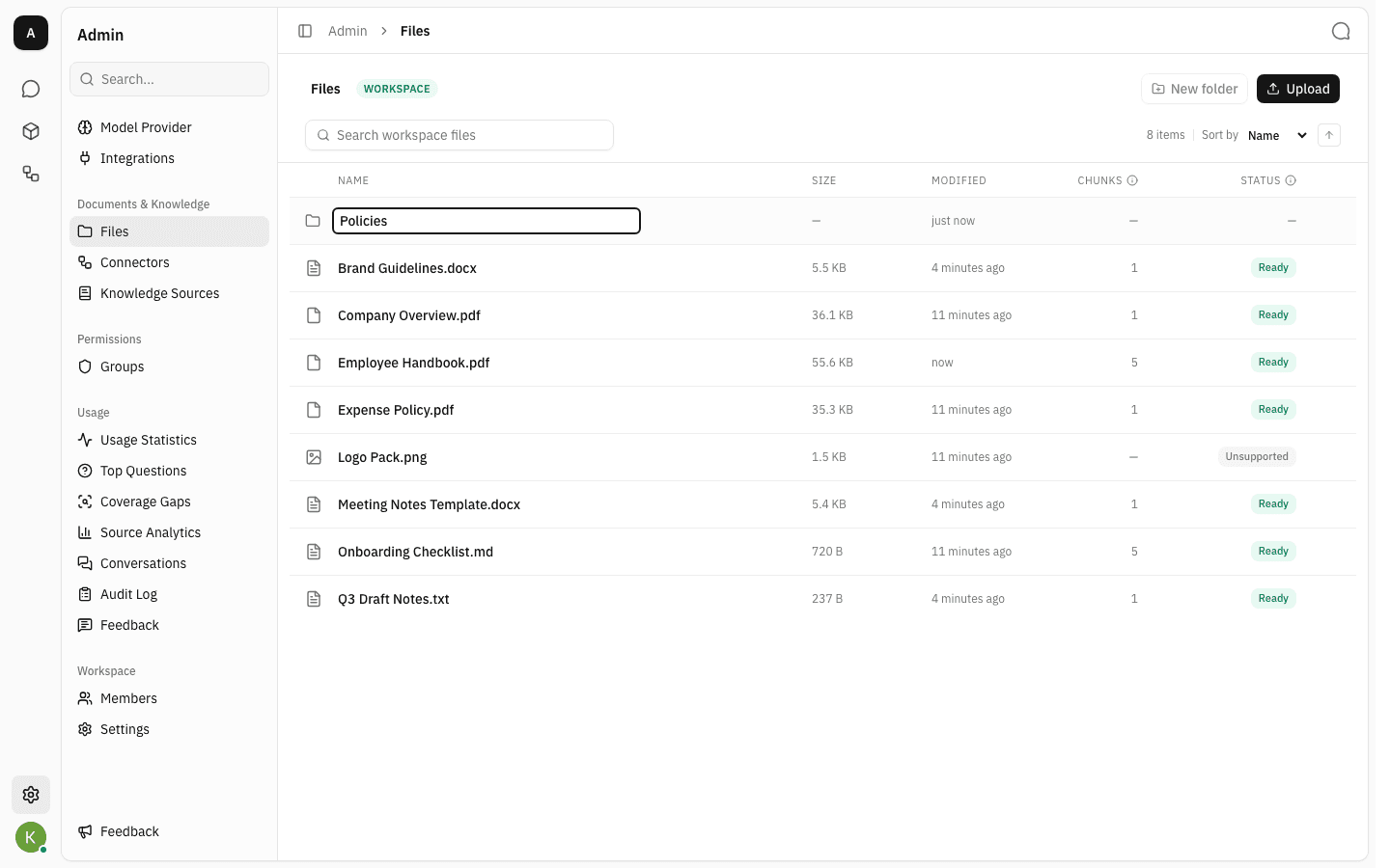 New folder row in the file list with the name Policies being typed