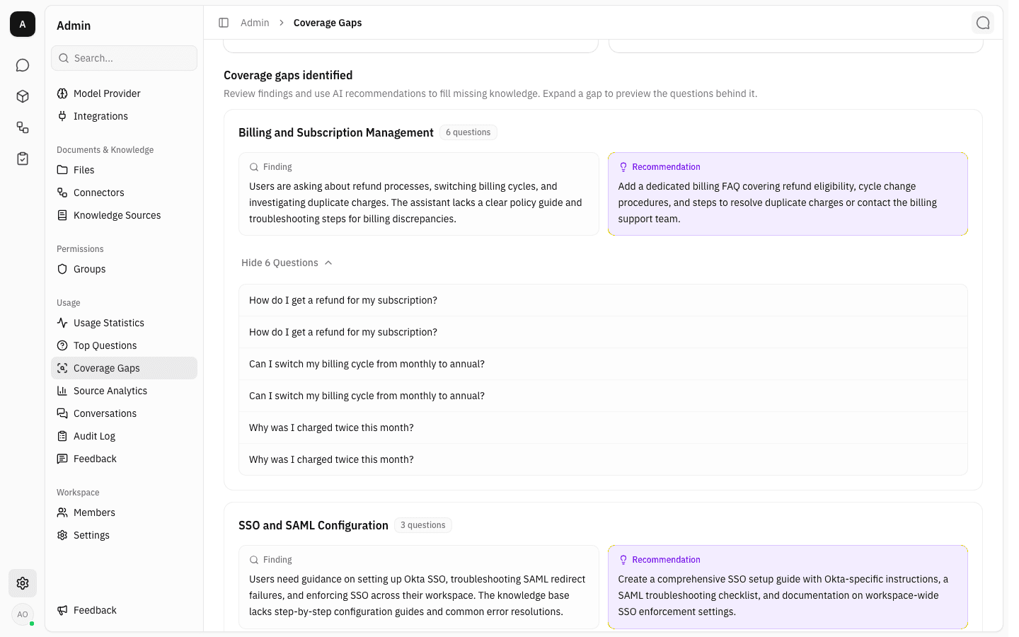The "Billing and Subscription Management" gap expanded, listing its six sample questions — two copies each of the refund, billing-cycle and duplicate-charge questions