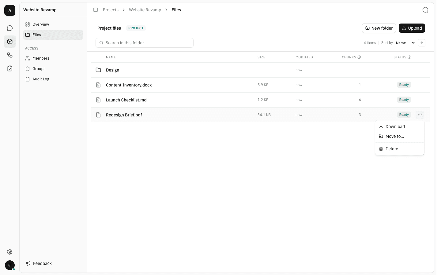 Row menu open on Redesign Brief.pdf showing Download, Move to… and Delete