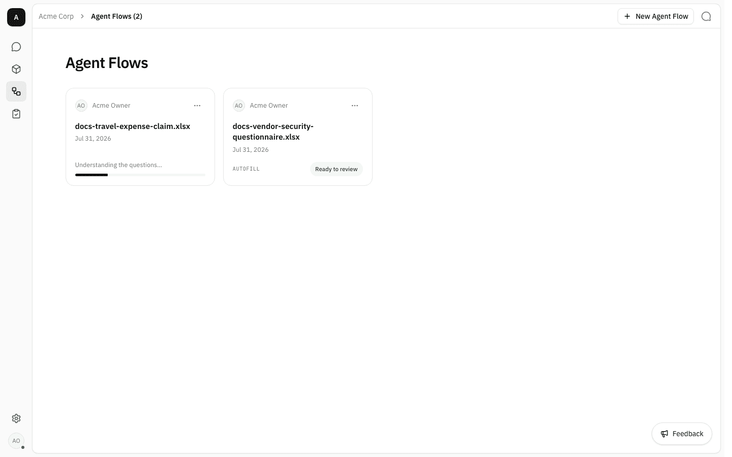 Agent Flows list with two cards: docs-travel-expense-claim.xlsx showing the progress line "Understanding the questions…", and docs-vendor-security-questionnaire.xlsx marked "Ready to review"