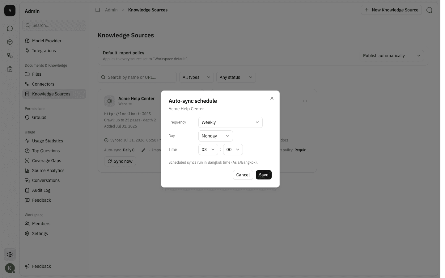 The dialog set to Weekly with a day and a time picker