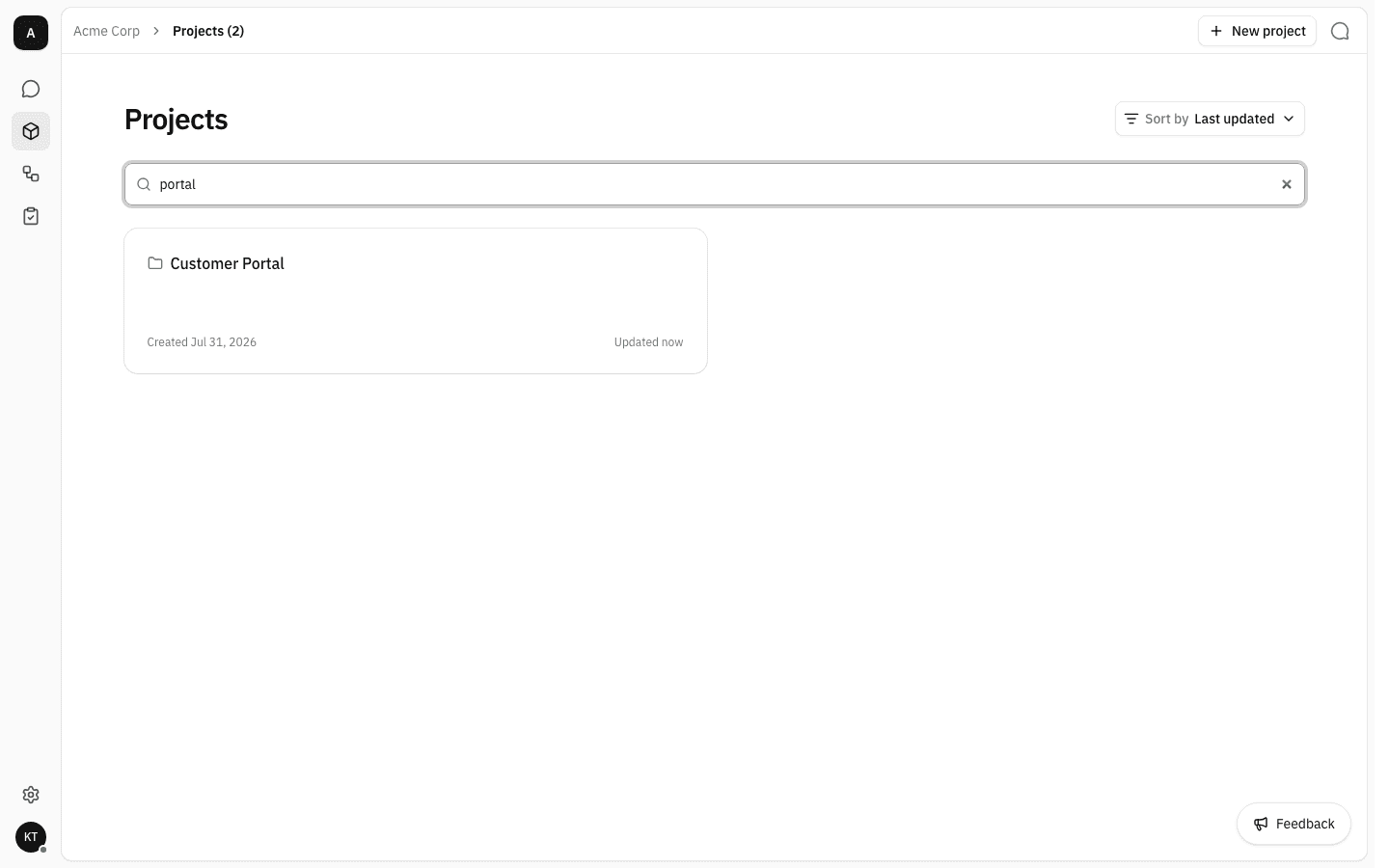 Projects page with "portal" in the search box and only the Customer Portal card shown
