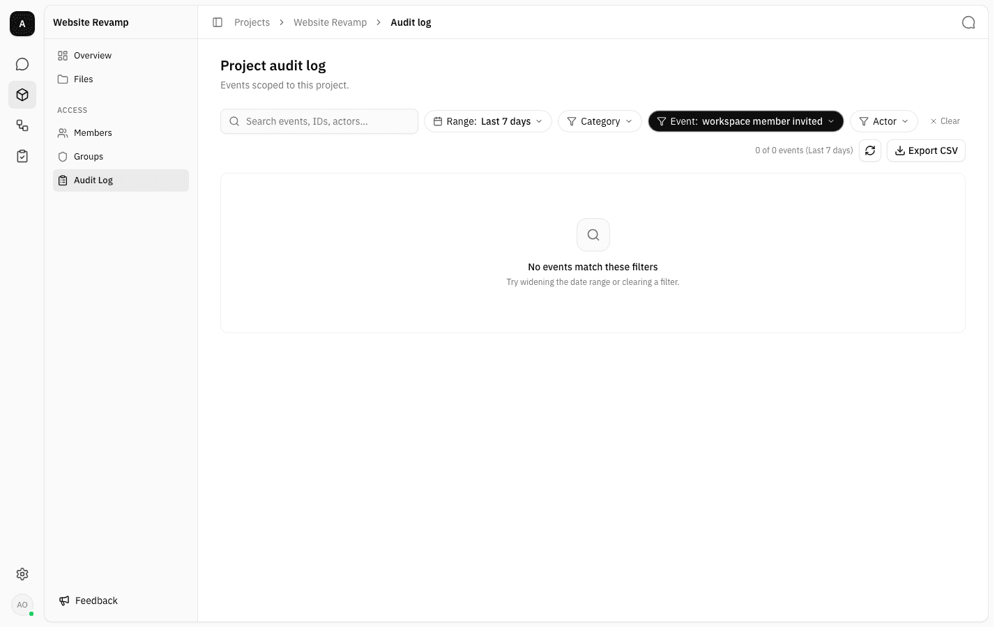 Event filtered to workspace member invited, showing the No events match these filters empty state