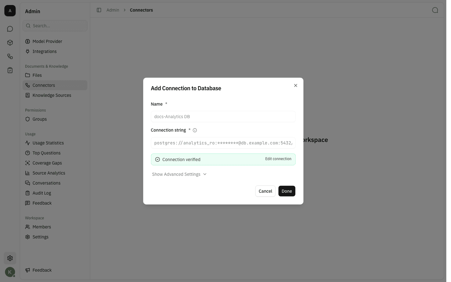 Dialog showing a green "Connection verified" banner with an Edit connection link