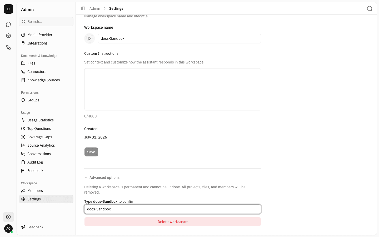 Confirmation field filled with the workspace name and the Delete workspace button now active