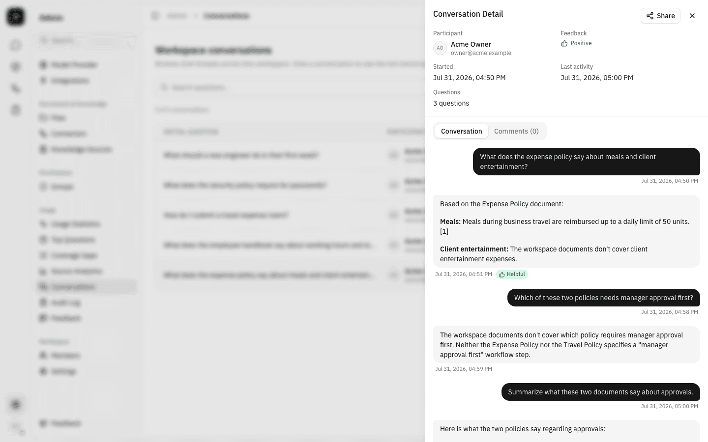 Conversation detail panel showing participant metadata and the start of a three-question transcript, with a Helpful tag on the first answer