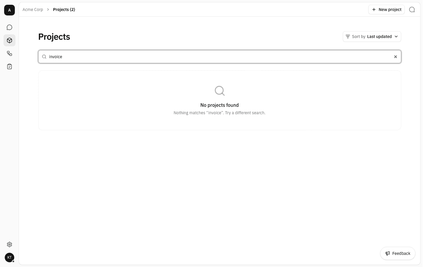 Projects page showing "No projects found — Nothing matches 'invoice'. Try a different search."