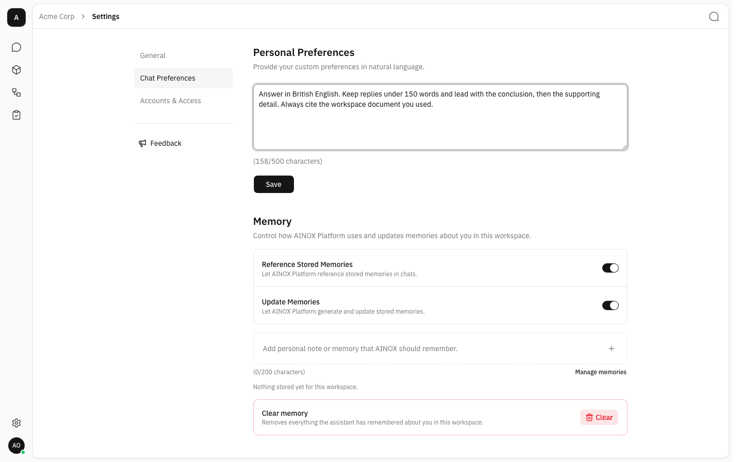 Personal Preferences box filled with instructions, 158 of 500 characters used