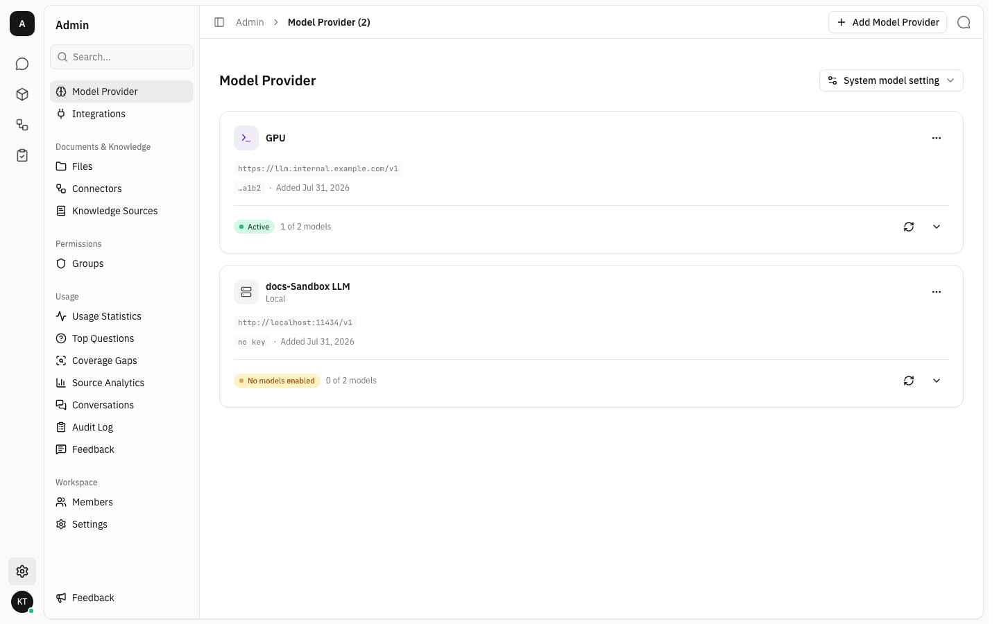 Provider list with a newly added provider showing a "No models enabled" status and 0 of 2 models