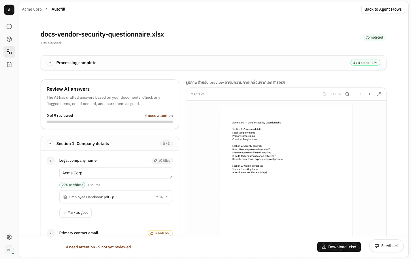 Run page for docs-vendor-security-questionnaire.xlsx, marked Completed after 19s, with a collapsed "Processing complete — 4 / 4 steps · 19s" bar above a "Review AI answers" panel reading "0 of 9 reviewed, 4 need attention", and a live preview of the spreadsheet on the right