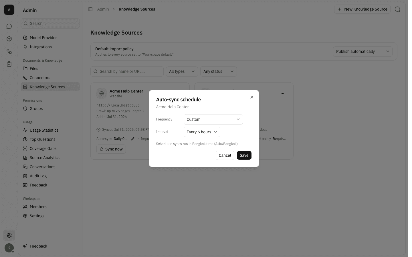 The dialog set to Custom with an Every 6 hours interval