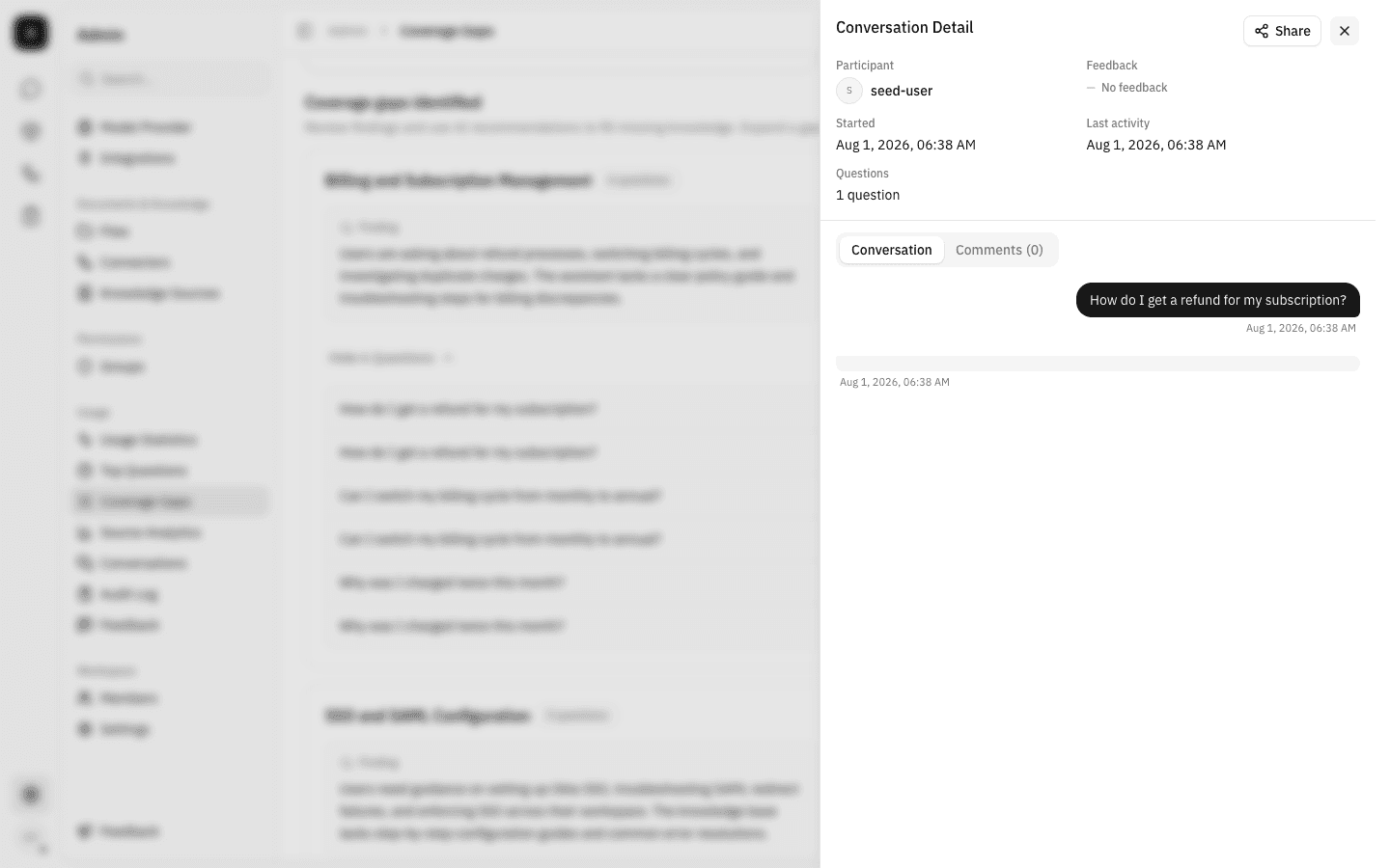 The Conversation Detail side panel open over the dimmed gap list, showing the participant, "No feedback", the timestamps and the transcript containing the refund question