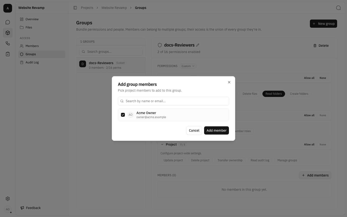 Add group members dialog with one person ticked and the Add member button enabled