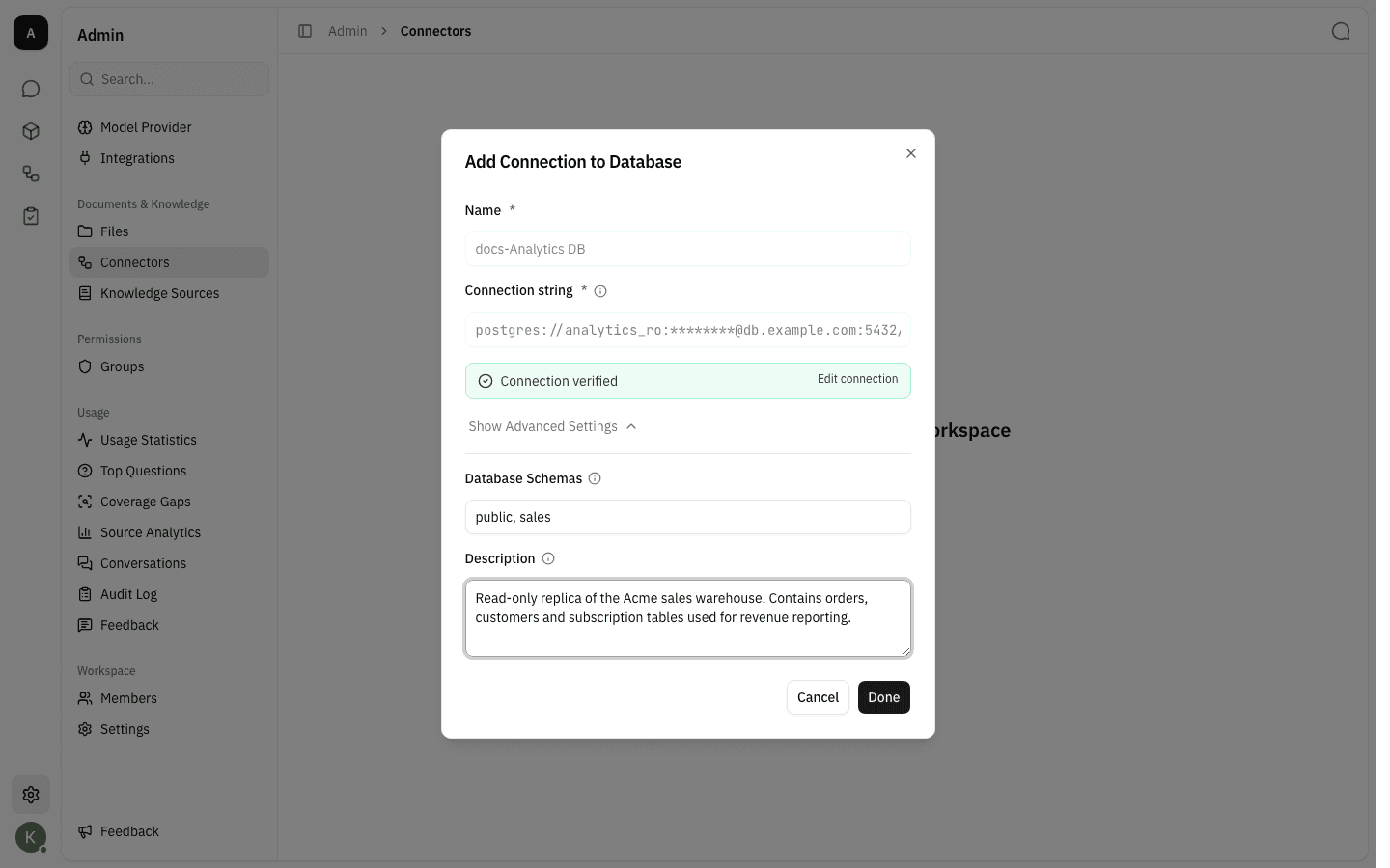 Advanced settings expanded with Database Schemas and Description filled in