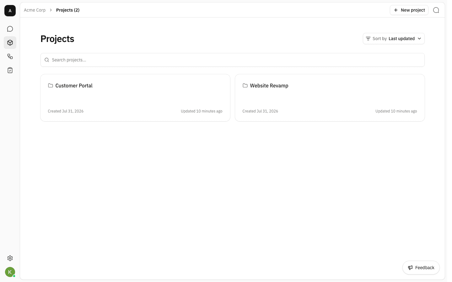Projects list back at two projects, Customer Portal and Website Revamp, after the third was deleted
