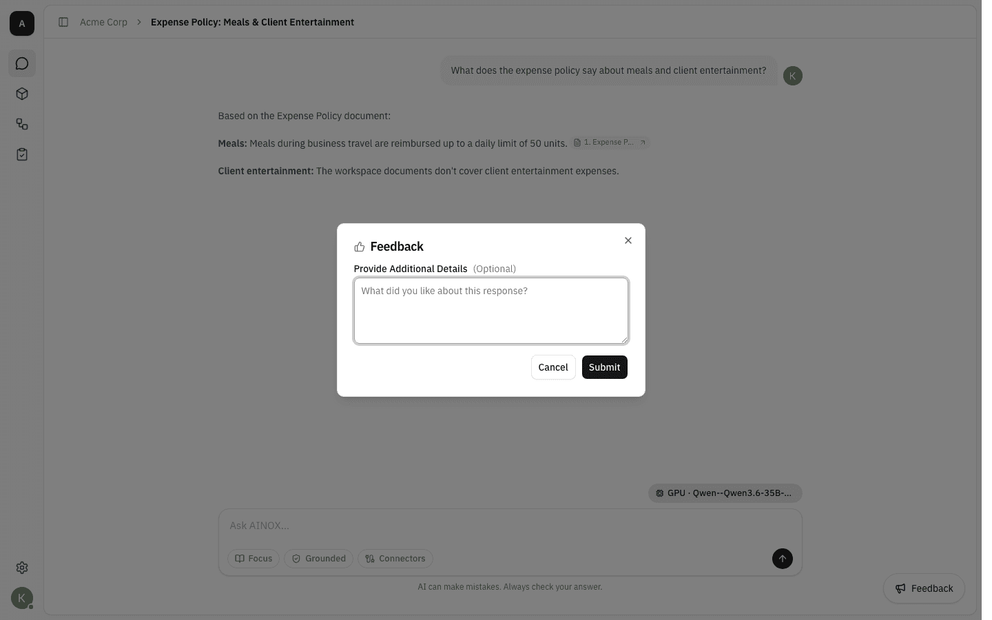 Feedback dialog for a good response with an optional comment box