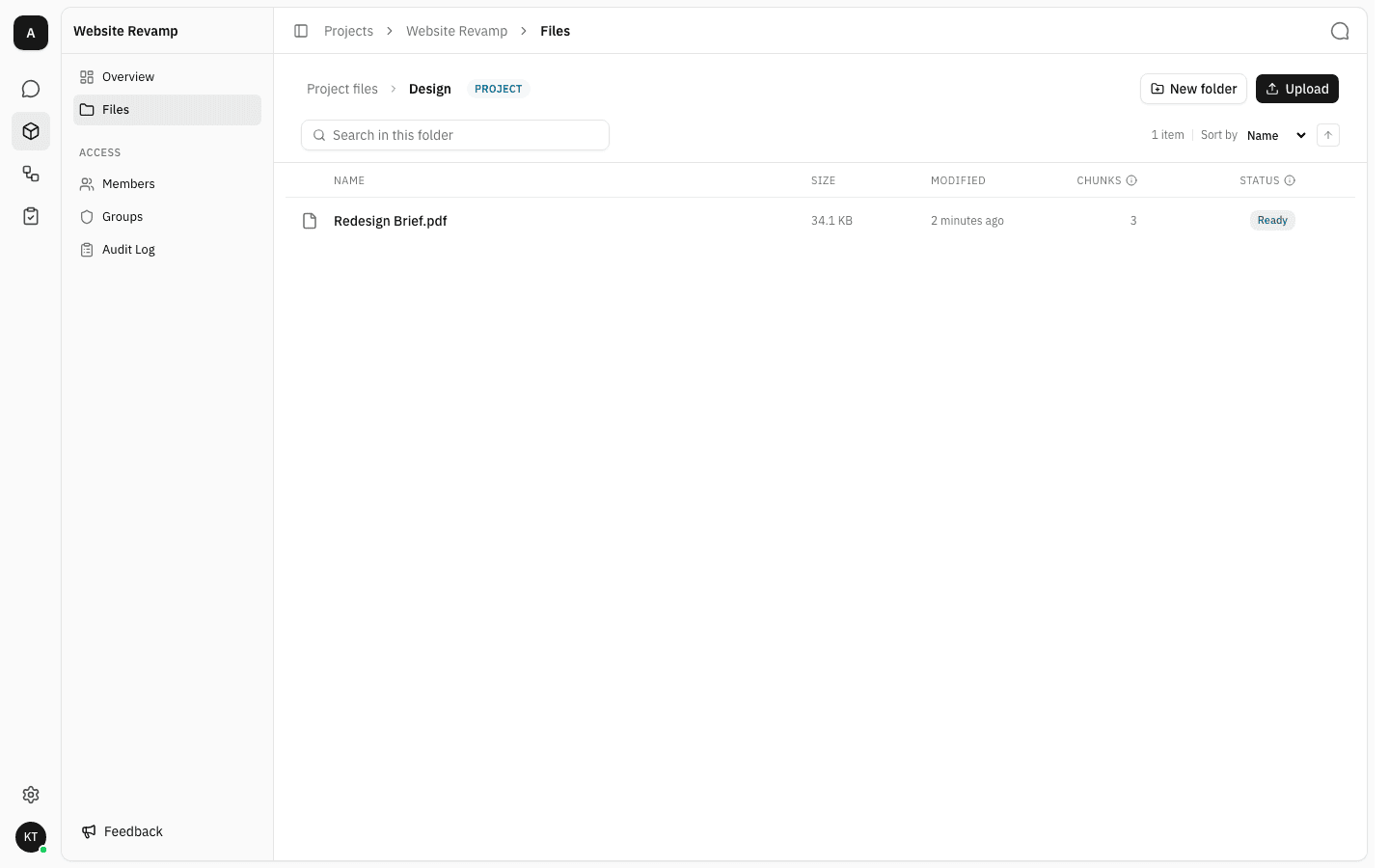 Inside the Design folder, breadcrumb reading Project files › Design with the PROJECT badge, one indexed PDF listed