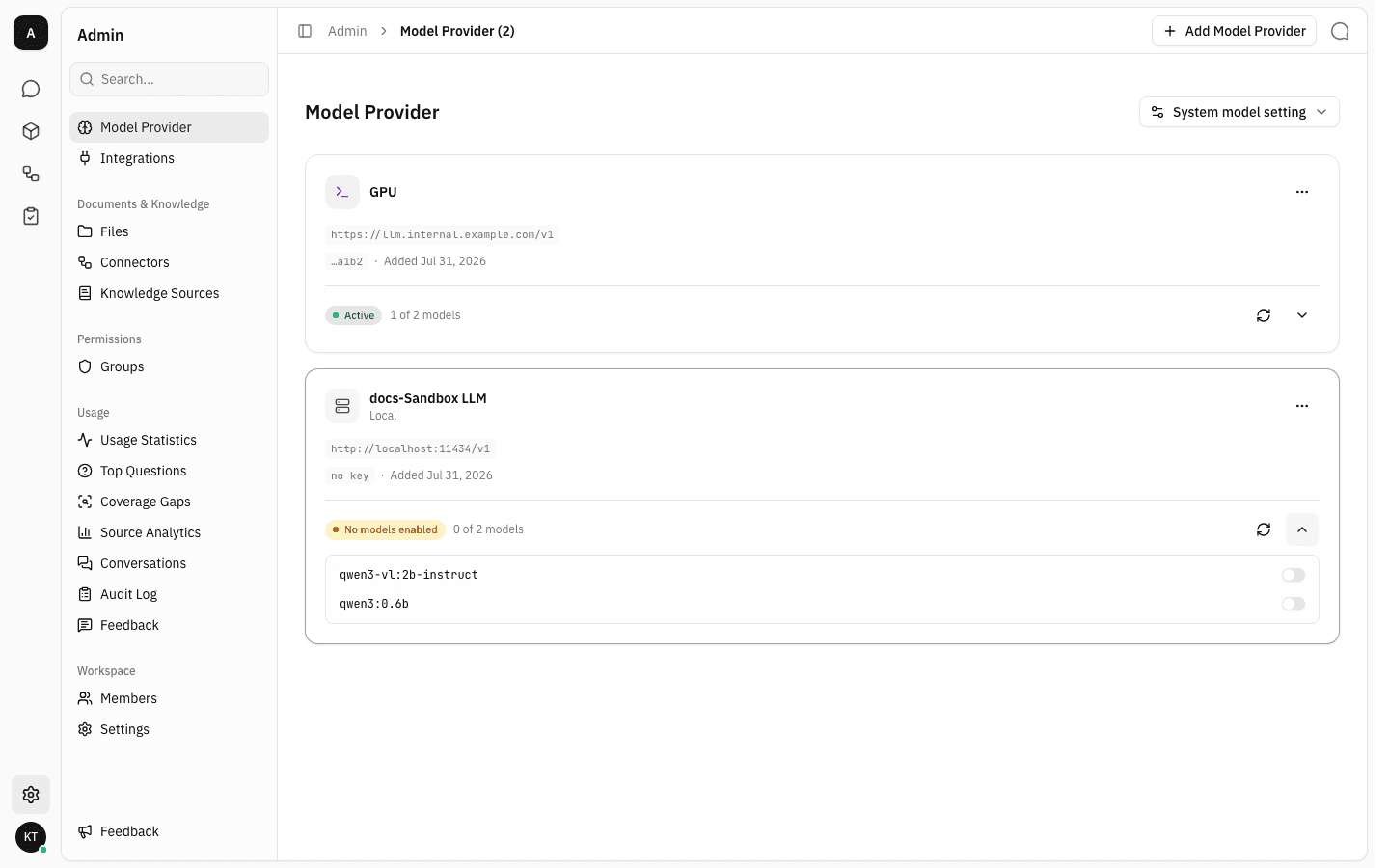 Expanded provider card listing two discovered models, both switched off