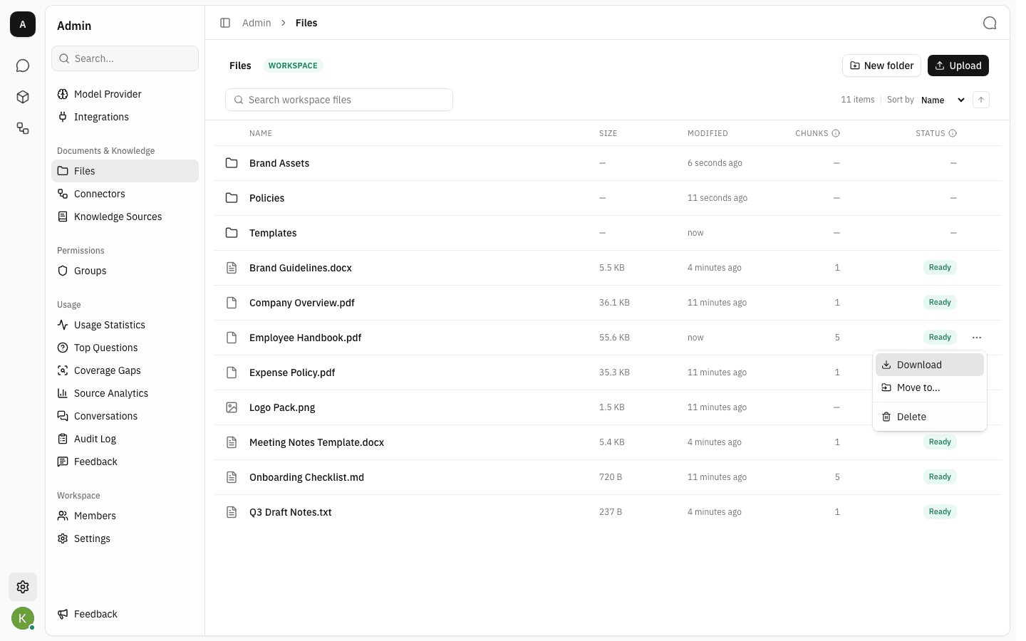 Row menu open on a PDF showing Download, Move to… and Delete