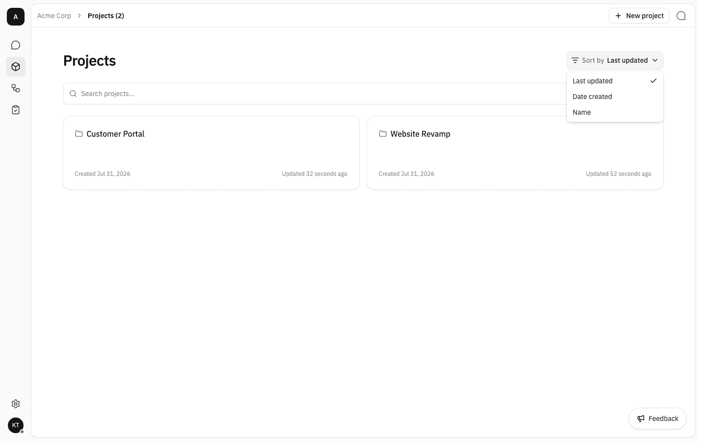 Sort by menu open on the Projects page showing Last updated (ticked), Date created and Name