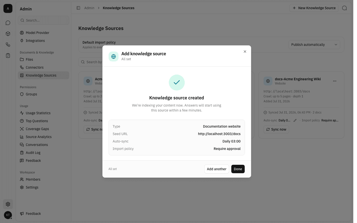 The success step summarising the created source