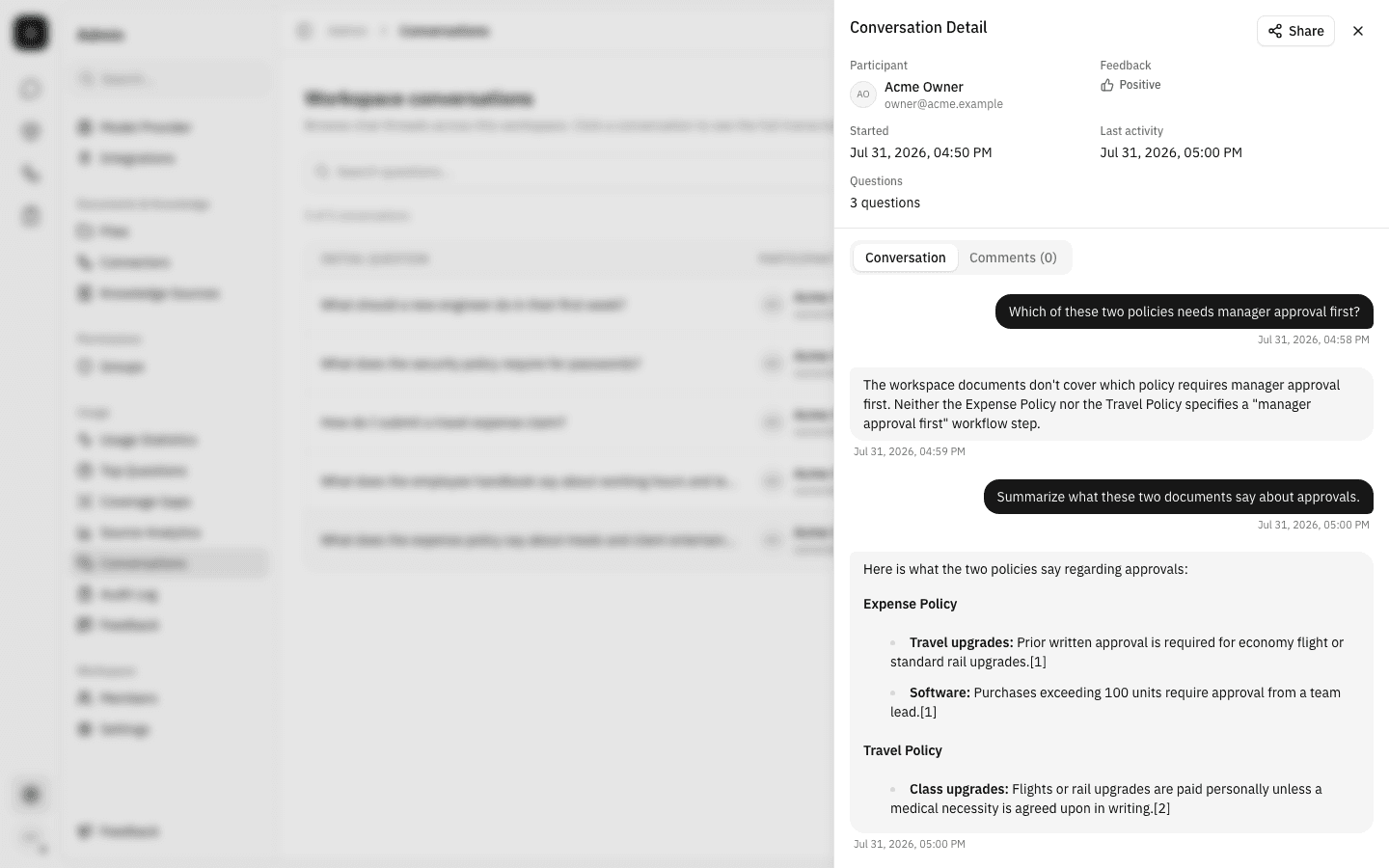 Later part of the transcript, showing follow-up questions and a cited answer