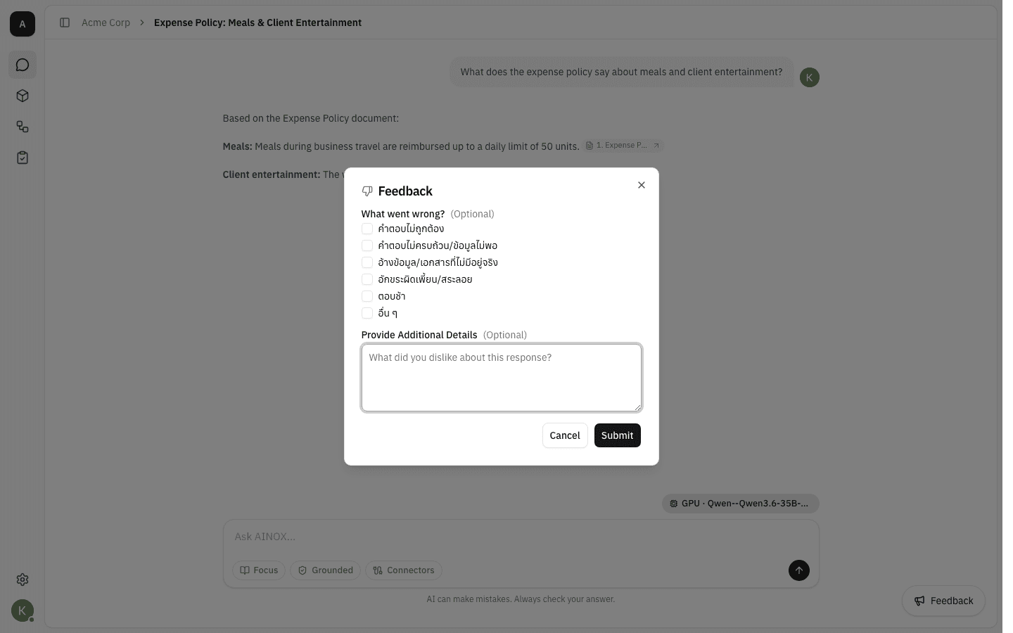 Feedback dialog for a bad response showing a checklist of reasons and a details box