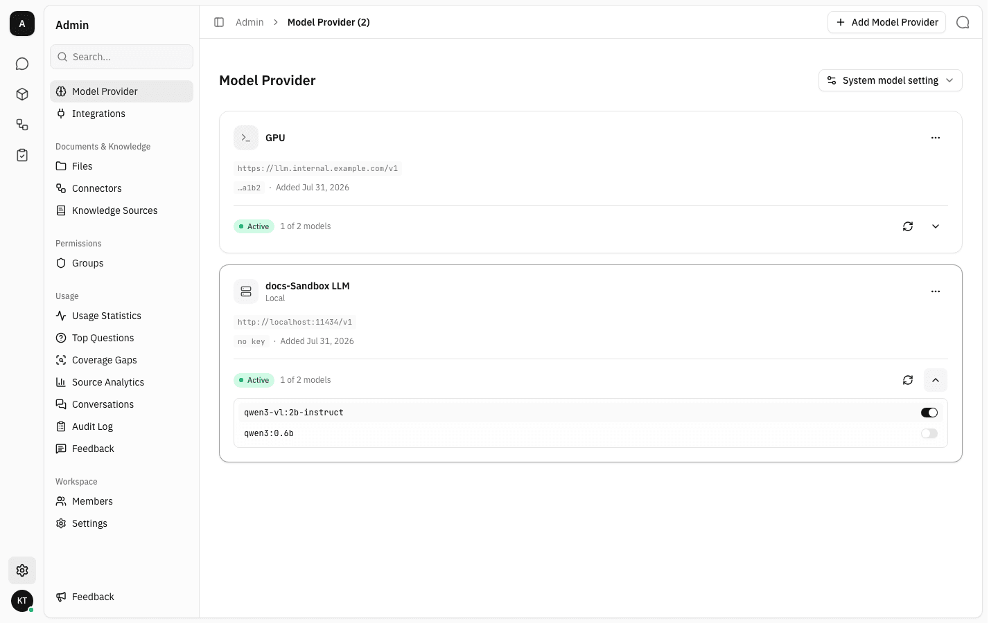 Same card with one model switched on, the status pill now reading Active and 1 of 2 models