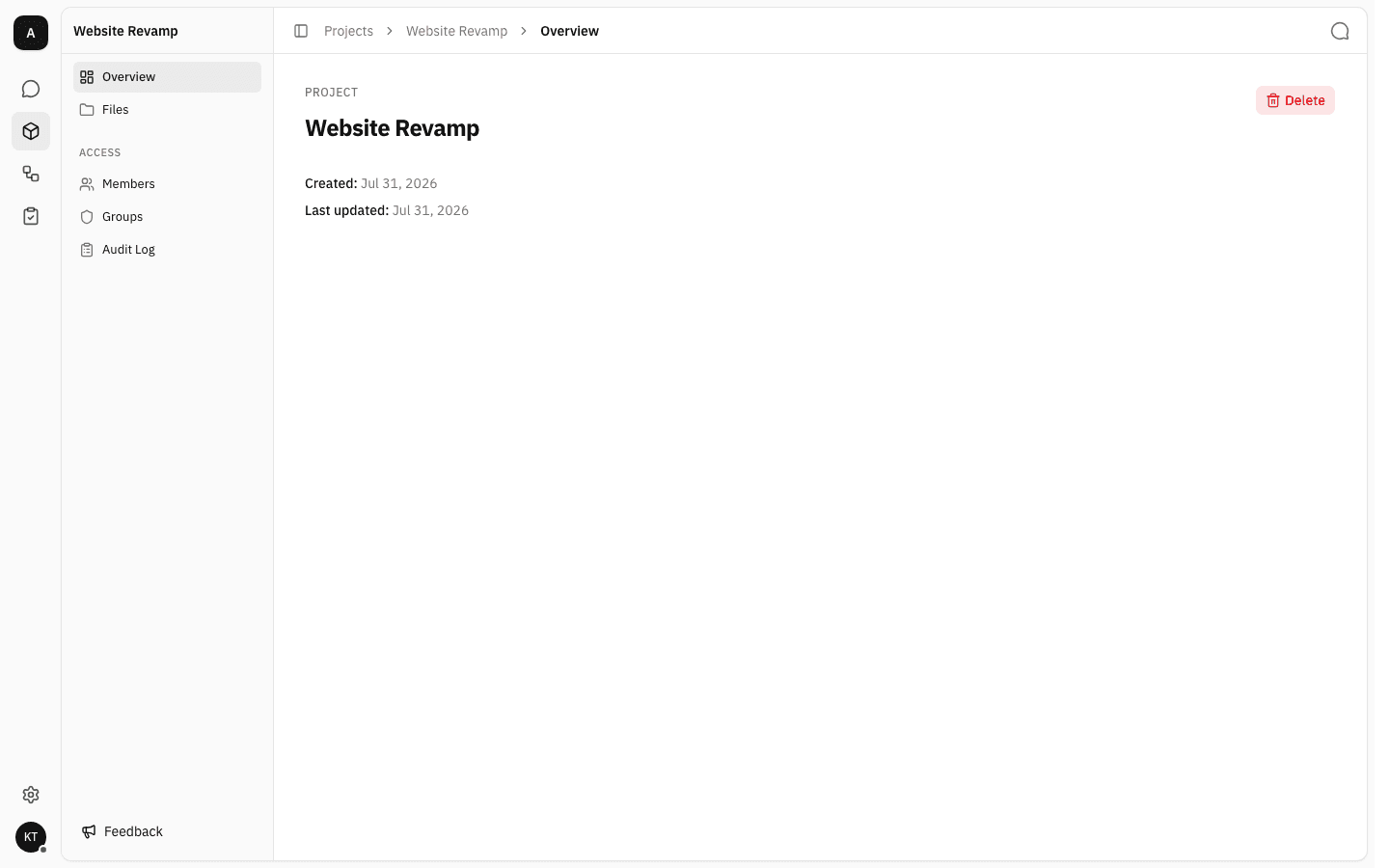 Website Revamp project Overview page showing the project name, created and last updated dates, a Delete button, and a project sidebar with Overview, Files, Members, Groups and Audit Log