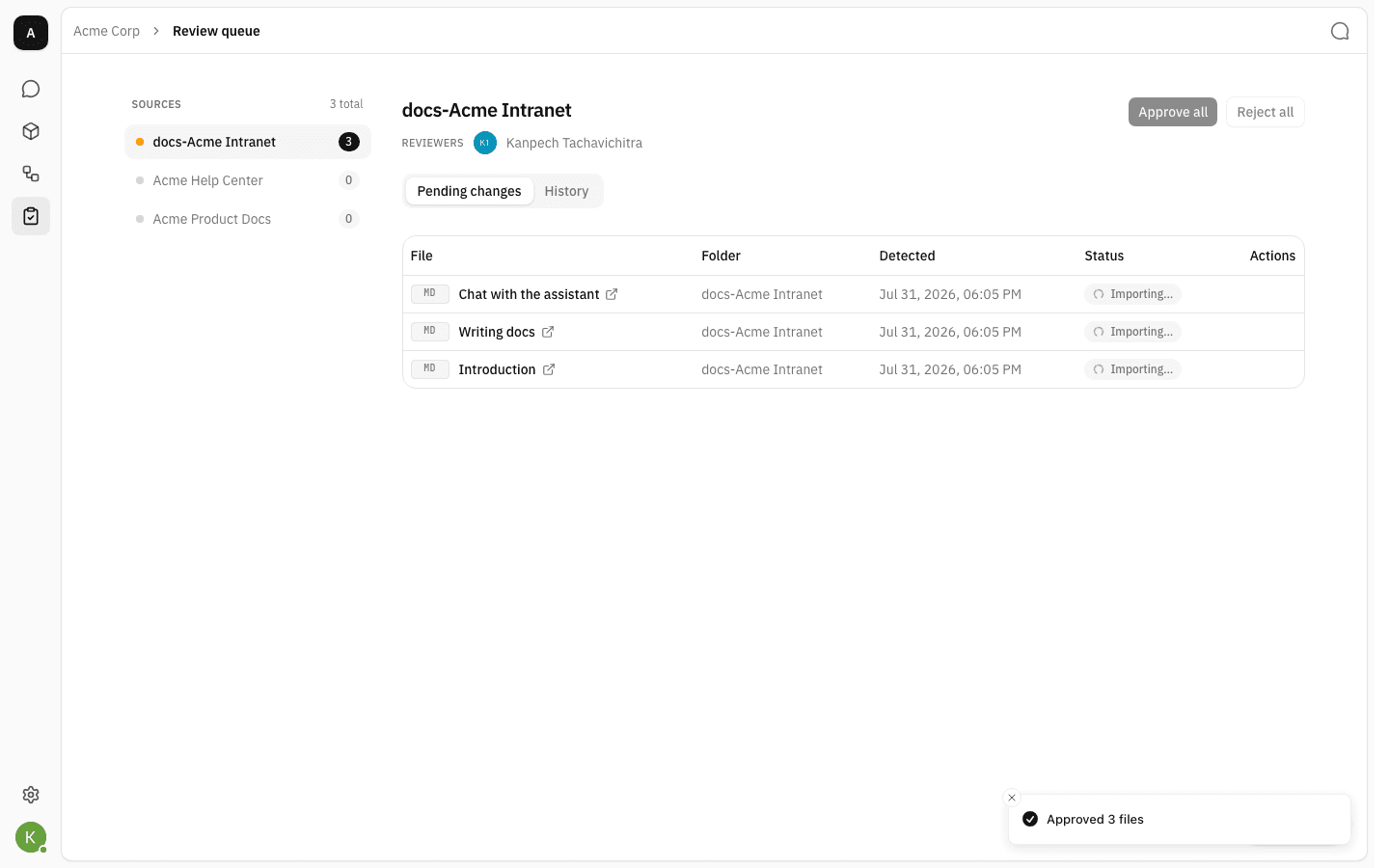 All three files importing after Approve all