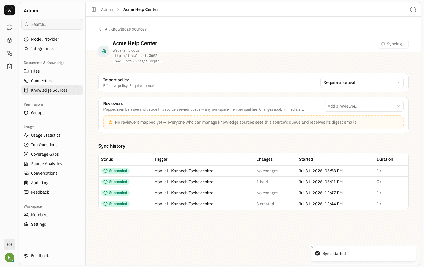 The source page with the header button showing Syncing and a Sync started toast