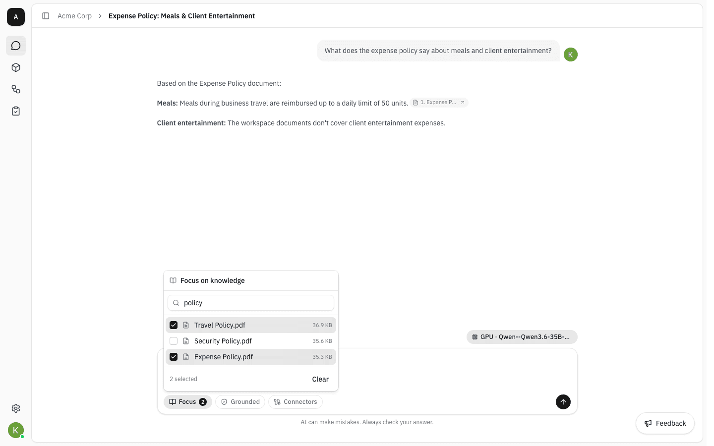 Focus on knowledge picker filtered to "policy" with two of three PDFs ticked