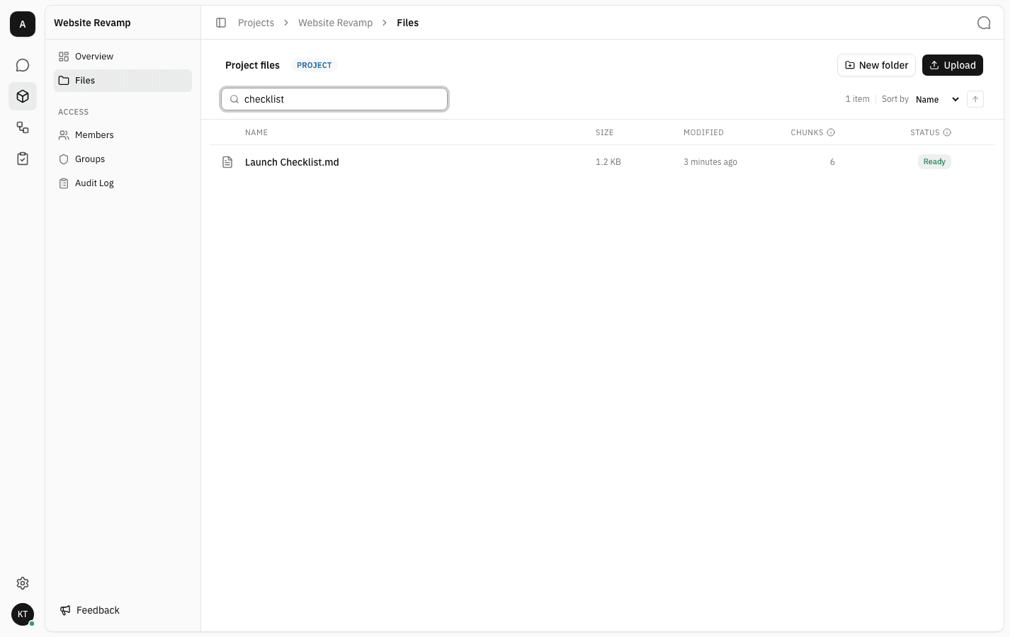 Search for "checklist" in the project root, narrowing the list to Launch Checklist.md and the count reading 1 item