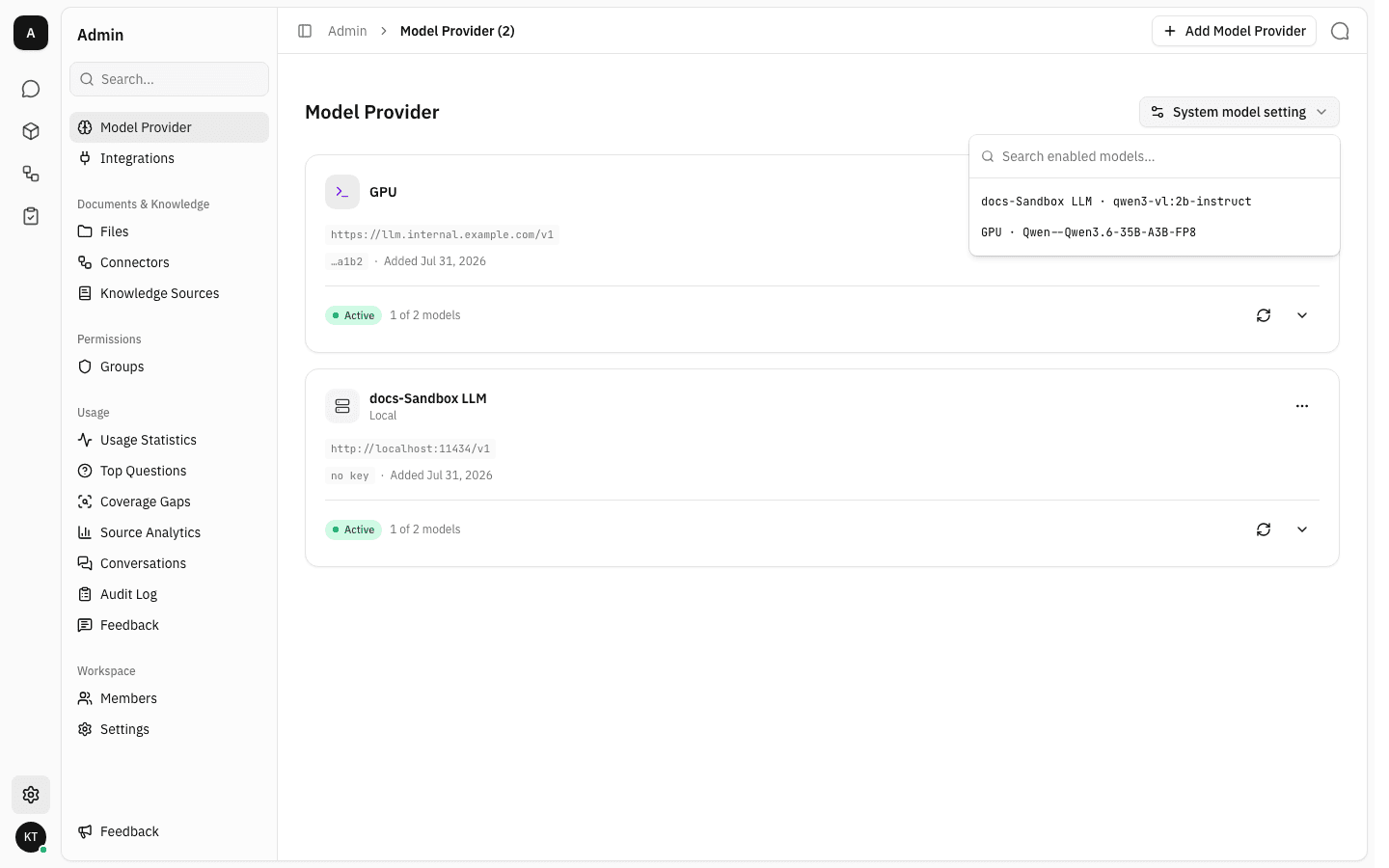 System model setting popover listing enabled models from both providers with a search box