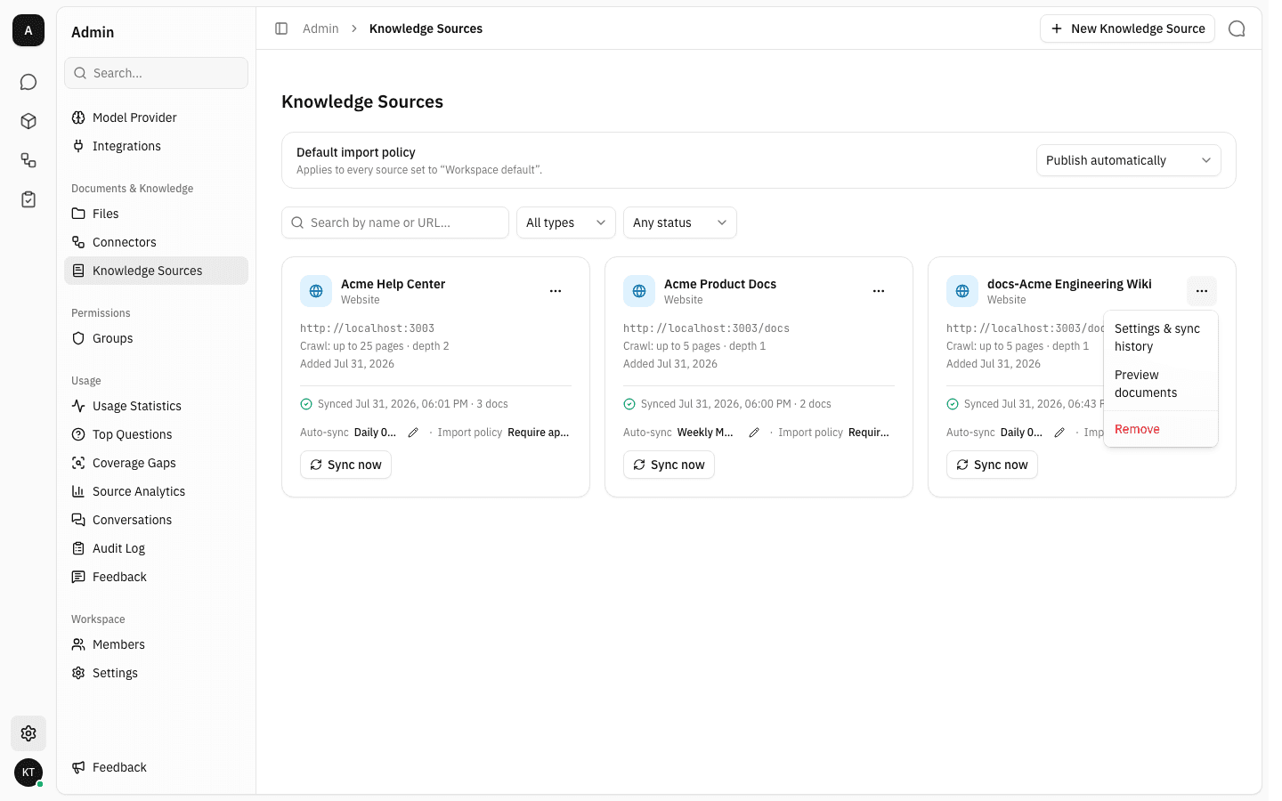 The card menu with Settings & sync history, Preview documents and Remove