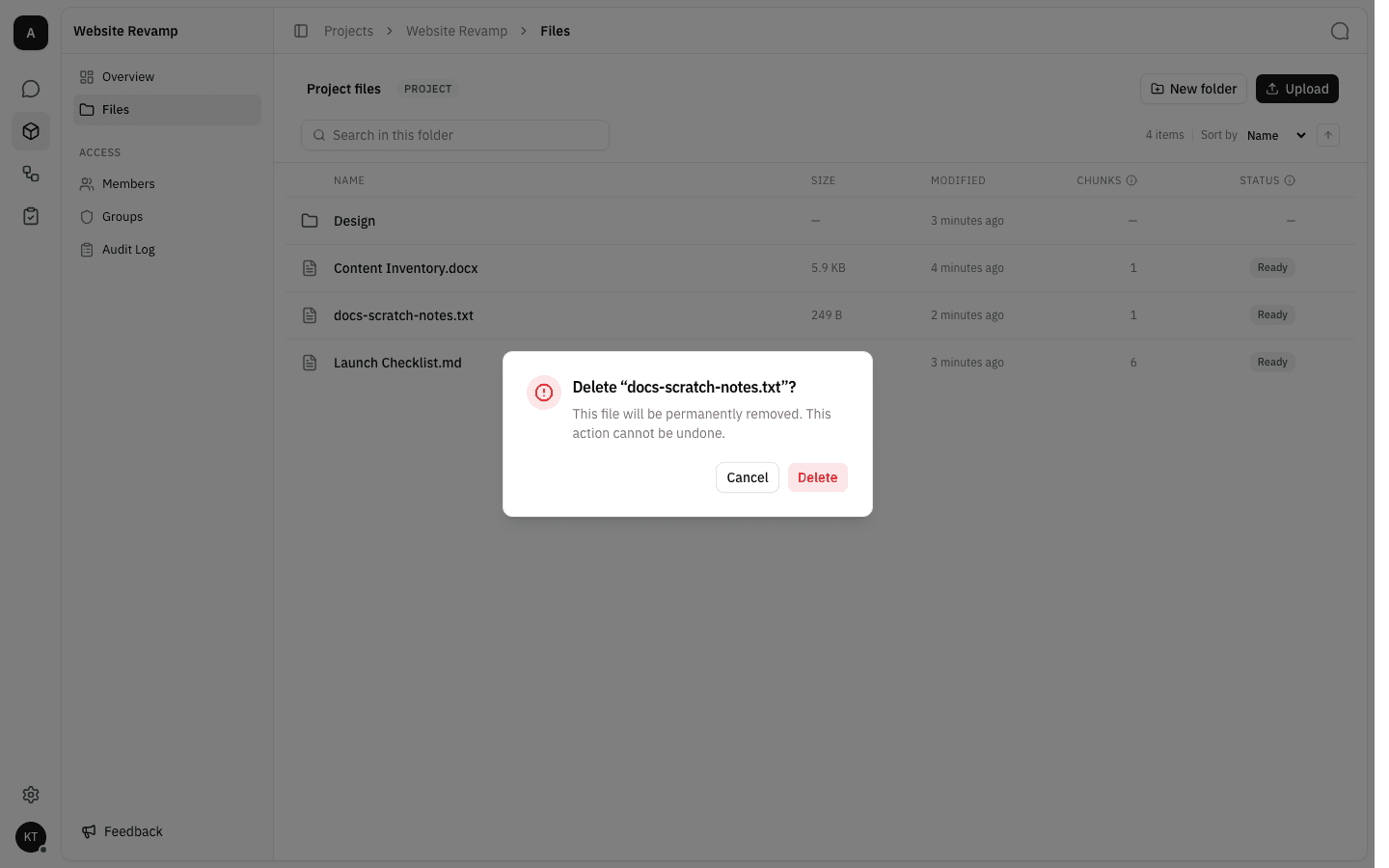 Confirmation dialog asking to delete docs-scratch-notes.txt, warning that the file will be permanently removed and the action cannot be undone