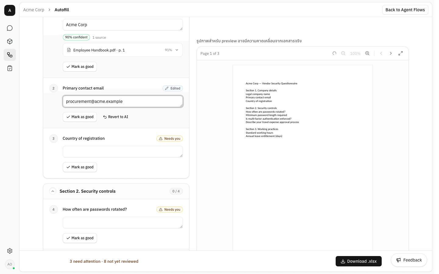 The Primary contact email question filled in by hand with procurement@acme.example, now badged "Edited" and offering Mark as good and Revert to AI