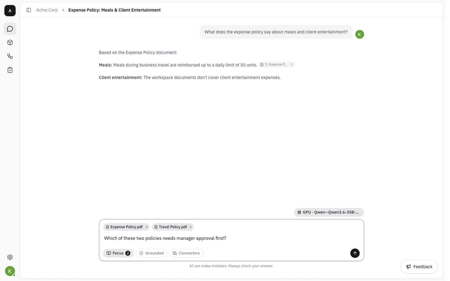 Message box with Expense Policy.pdf and Travel Policy.pdf chips above the typed question