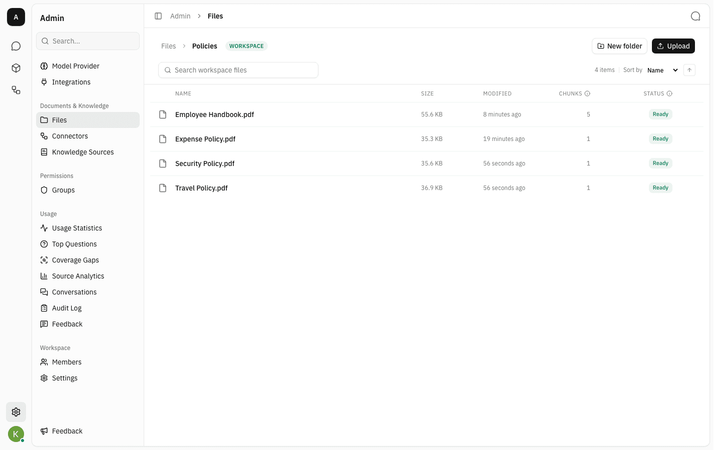 Inside the Policies folder, breadcrumb reading Files › Policies, four indexed PDFs listed