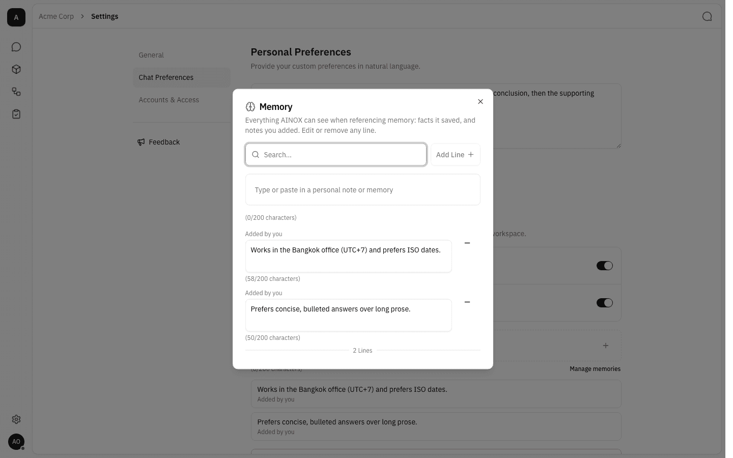 Memory dialog listing every stored line with edit and remove controls