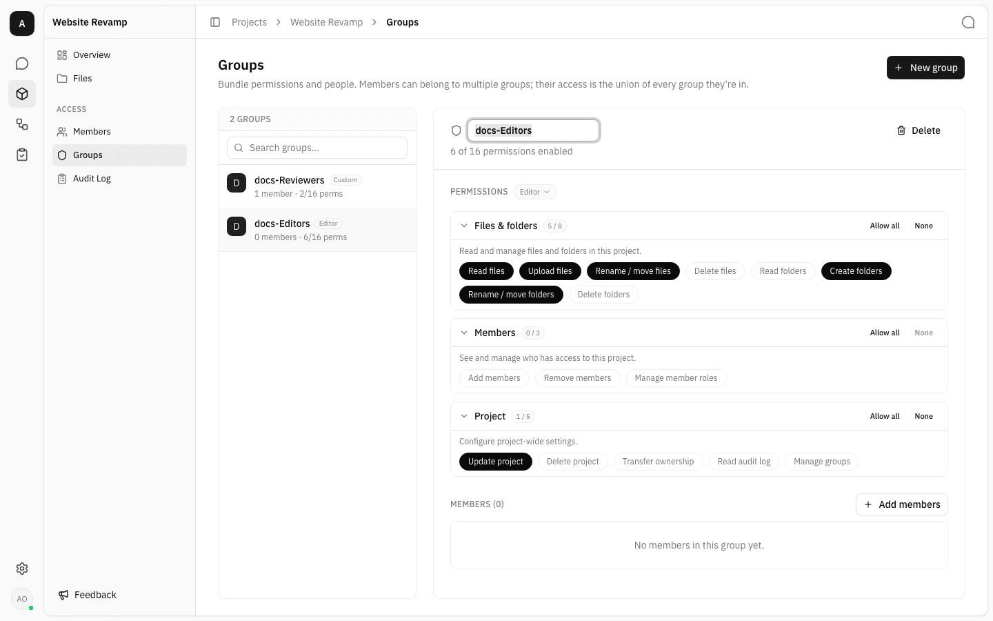Group name in inline edit mode in the detail header