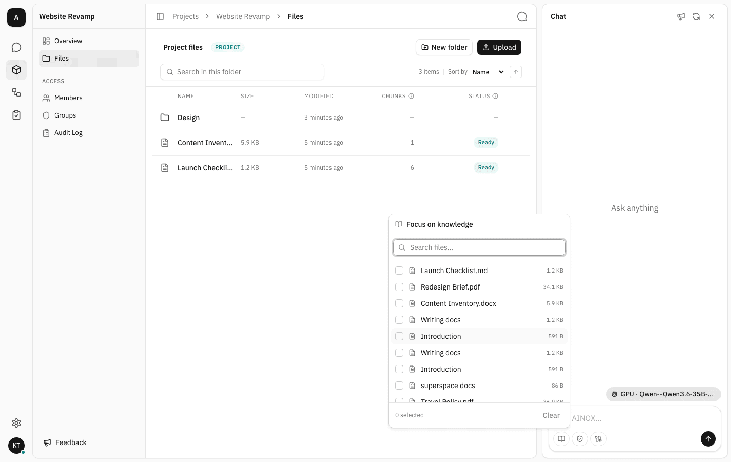 Chat side panel open beside the project file list, with the Focus on knowledge picker listing Launch Checklist.md, Redesign Brief.pdf and Content Inventory.docx at the top