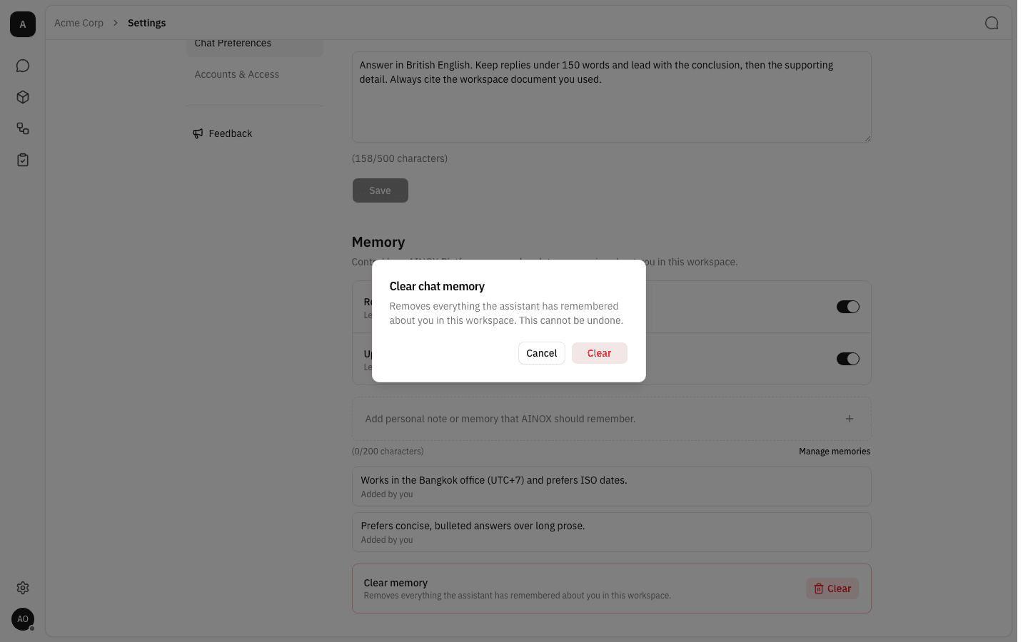Clear chat memory confirmation dialog