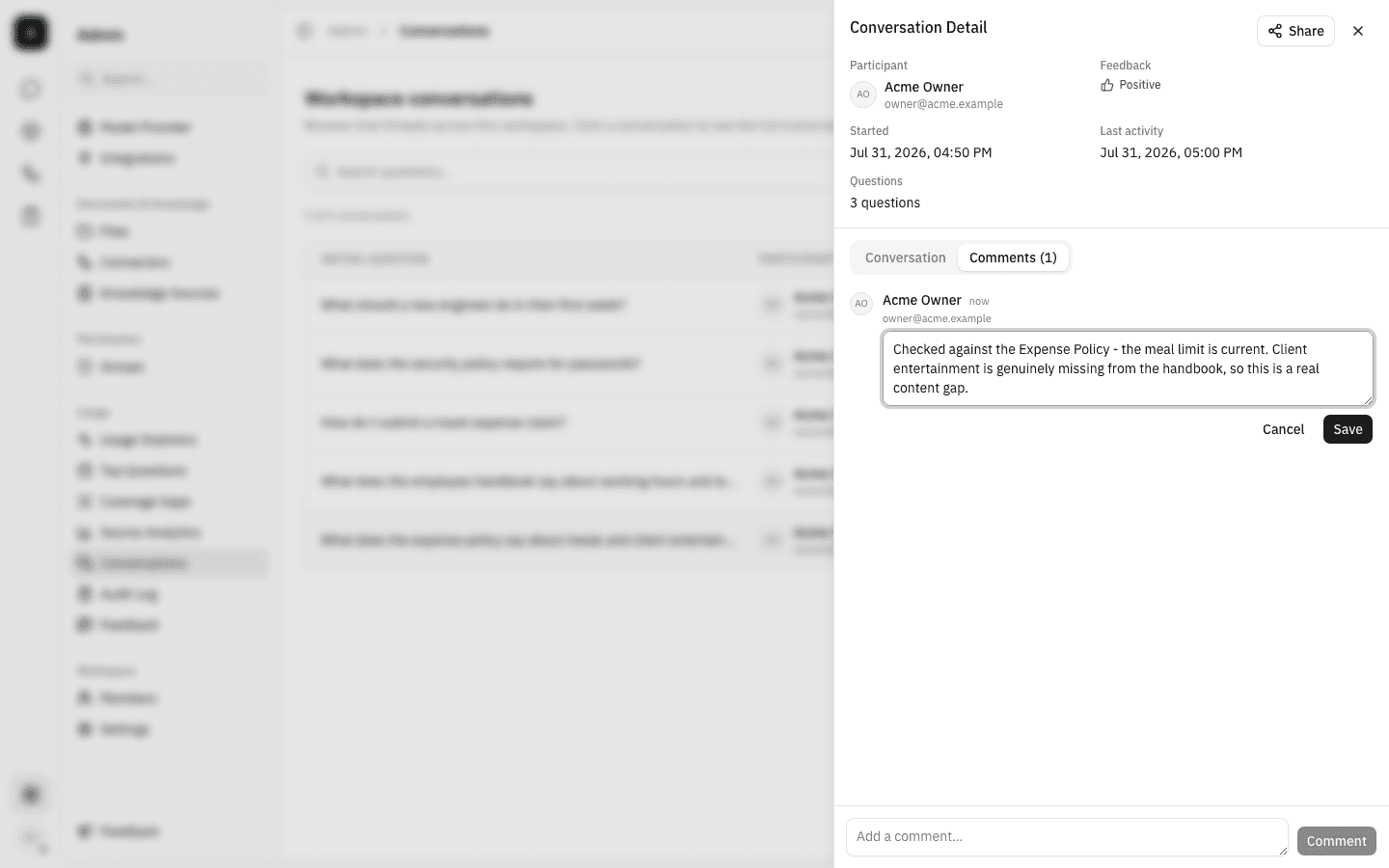 Comment open in the inline edit form with Cancel and Save buttons
