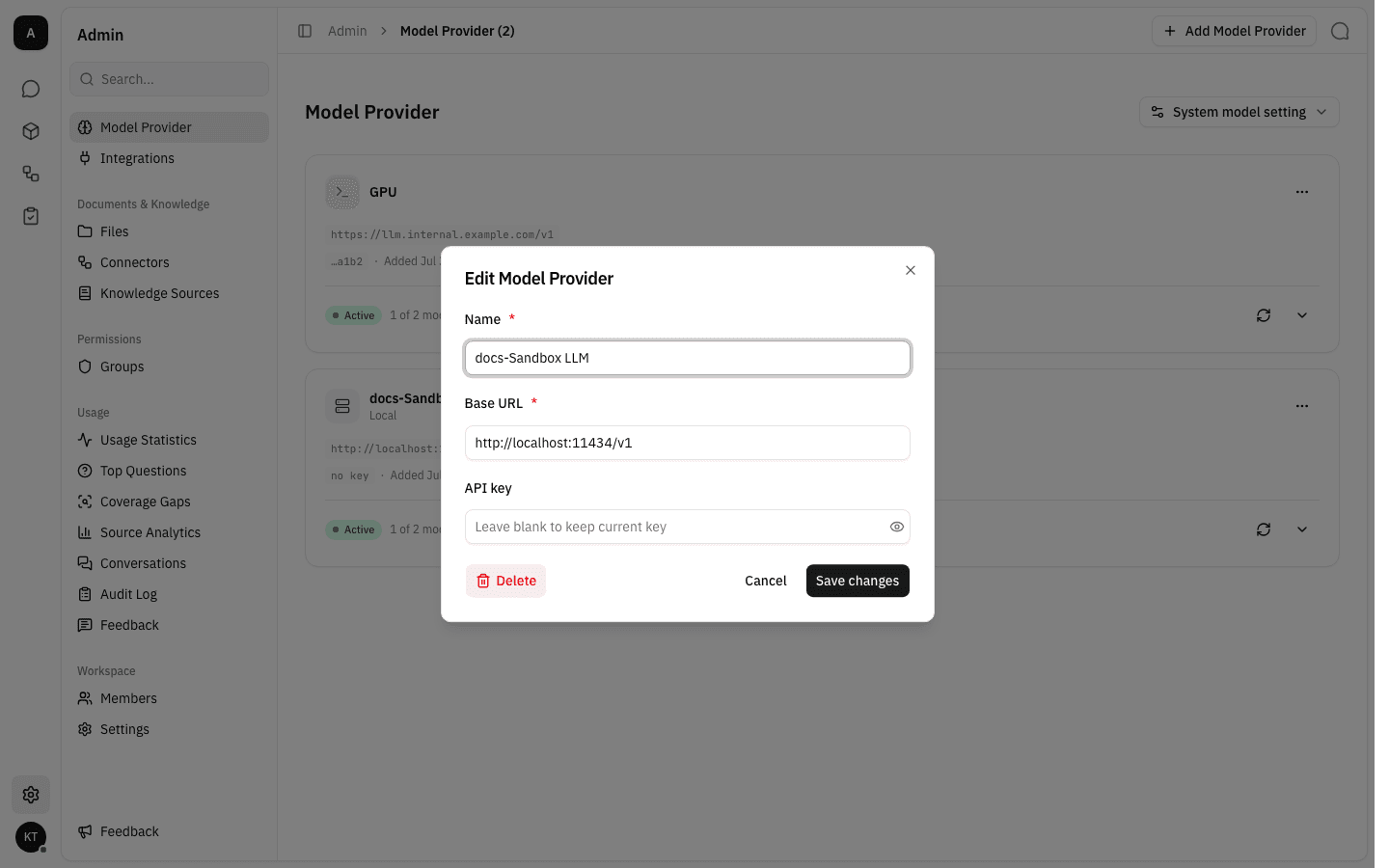 Edit Model Provider dialog with the name and base URL filled and the API key field showing "Leave blank to keep current key"