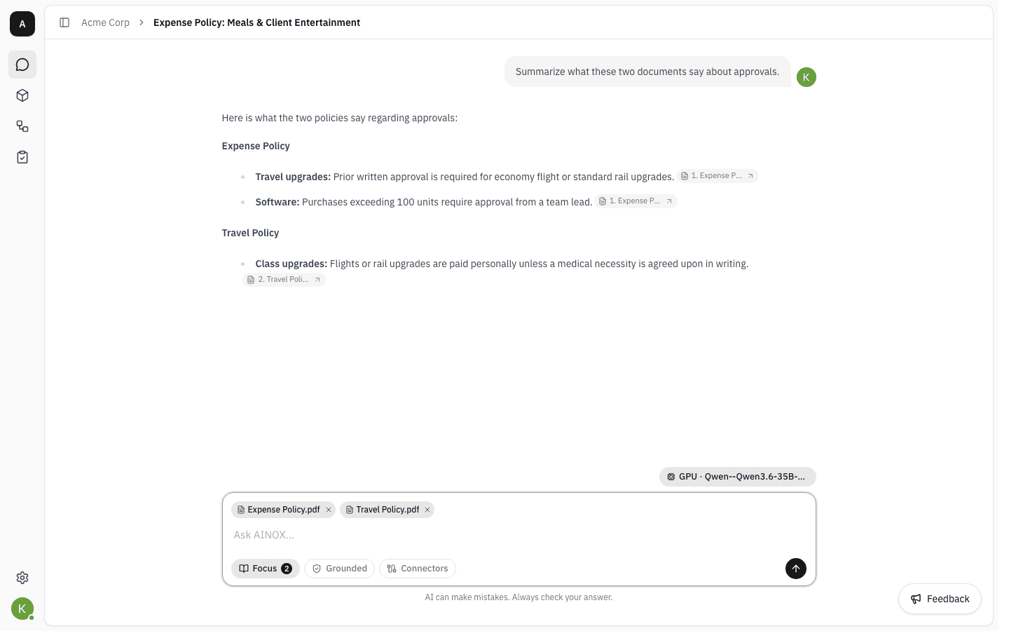 Answer grouped under Expense Policy and Travel Policy headings, citing both focused documents