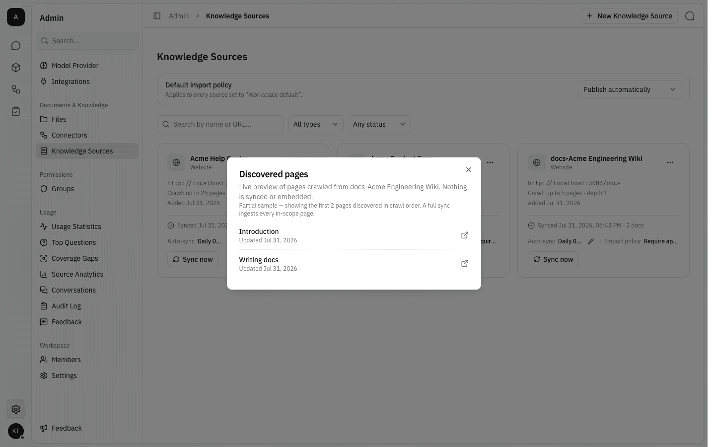 The Discovered pages dialog listing a sample of crawled pages